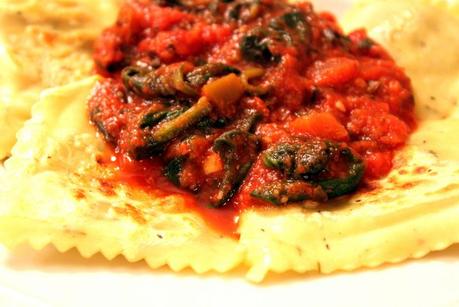 Toasted Ravioli with a Spinach and Tomato Sauce