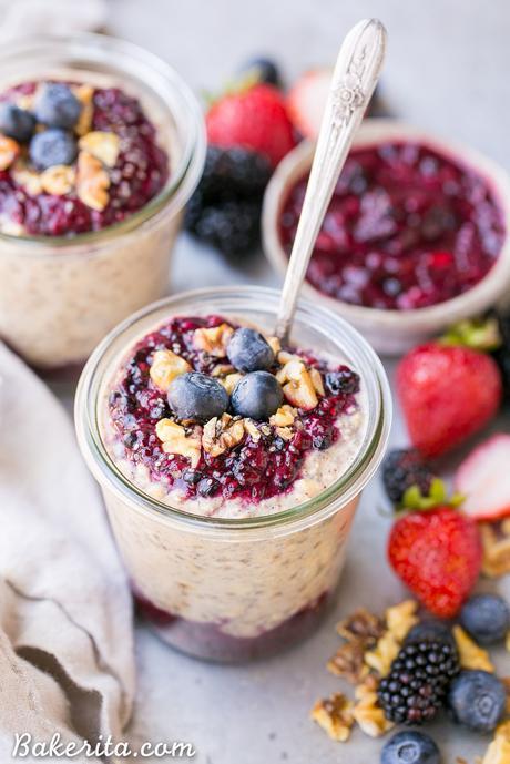 Superfood Overnight Oats with Easy Berry Chia Jam (Gluten Free, Refined Sugar Free + Vegan)