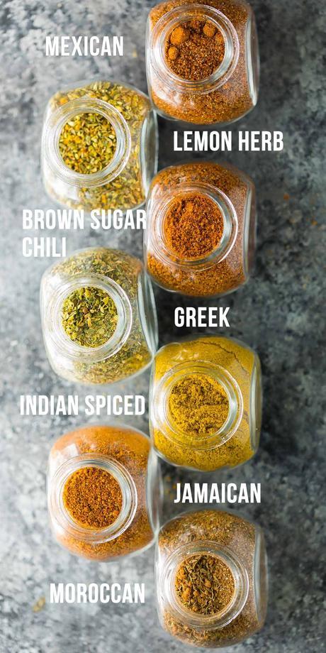7 easy dry rub recipes for meat or veggies-- these rubs are absolutely perfect to mix up the flavors in your meal prep! They are great on sheet pan dinners, roasted or grilled veggies, meat and seafood.