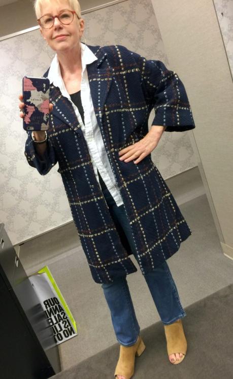 Reconnaissance Report: Nordstrom Anniversary Sale Susan B. of une femme d'un certain age tries on a Halogen coat from the Nordstrom Anniversary Sale.