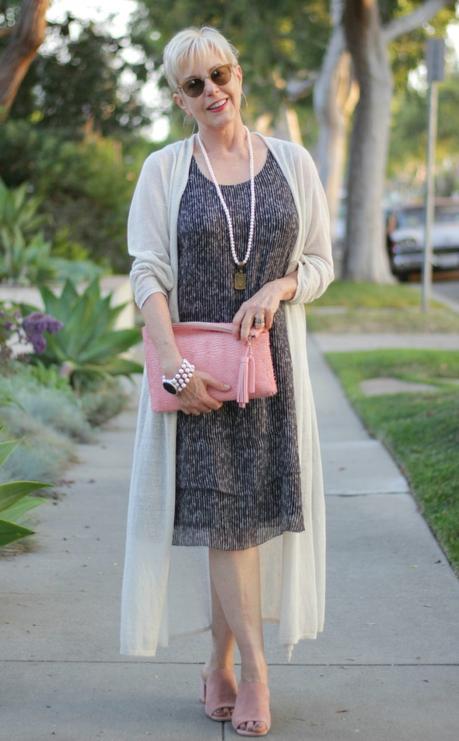 Style blogger Susan B. wears an Eileen Fisher silk dress and duster cardigan with Loeffler Randall clutch
