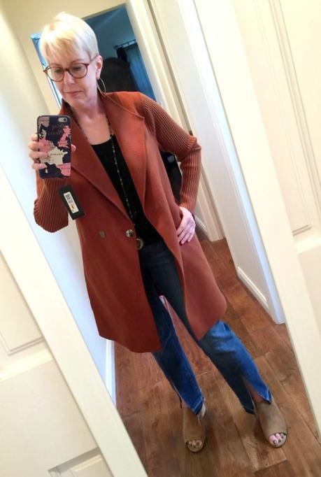 Fresh Denim And All Skate style blogger Susan B. models a Kenneth Cole New York wool coat from the Nordstrom Anniversary Sale. Details at une femme d'un certain age.