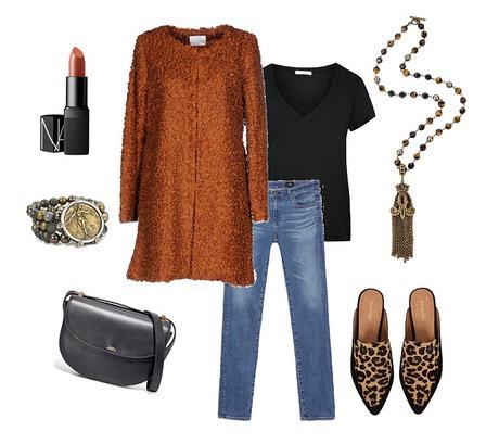 Casual outfit with fall colors: rust jacket, black tee, jeans, leopard flats and stone jewelry. Details at une femme d'un certain age.