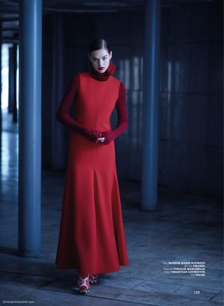 Anaïs Pouliot in Red Ready by Benjamin Kanarek for ELLE
