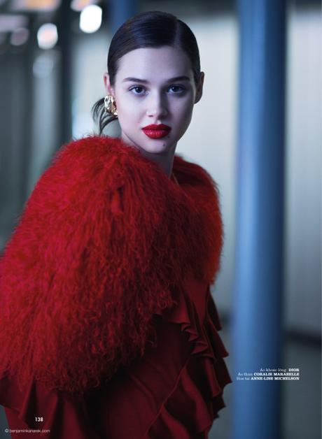 Anaïs Pouliot in Red Ready by Benjamin Kanarek for ELLE