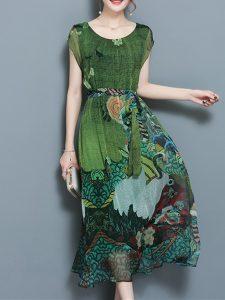Gracila Women Vintage Printed Short Sleeve Mid-Long Dresses