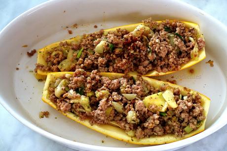 Stuffed Yellow Courgettes served with simple fresh tomato slices!
