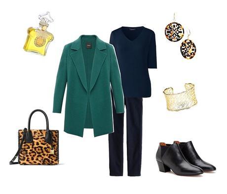 Outfit: a spruce green jacket and leopard print bag add some interest and oomph to navy separates. Details at une femme d'un certain age.