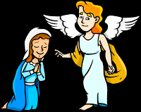 This is an illustration of Mary and Gabriel. Gabriel is giving Mary a message as she bows down before him. A friendly, positive image that children will love.