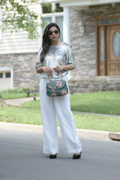 mod cloth squad, modcloth, green bag, sequin blouse, white trousers, white after labor day, black heels, green starw handle bag , myriad musings , saumya shiohare
