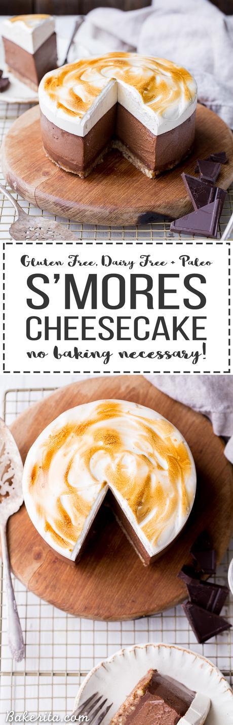 This No Bake S'mores Cheesecake has a graham cracker flavored crust topped with chocolate ganache, rich chocolate 