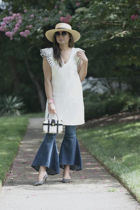 how to wear ruffled jeans, dress over jeans, street style outfit, fashion , j crew ruffle sleeve dress, free people jeans , ruffle hem, starw hat, myriad musings