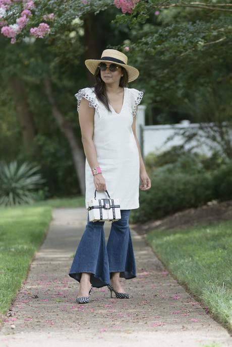 how to wear ruffled jeans, dress over jeans, street style outfit, fashion , j crew ruffle sleeve dress, free people jeans , ruffle hem, starw hat, myriad musings