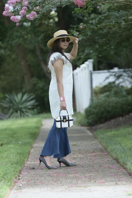 how to wear ruffled jeans, dress over jeans, street style outfit, fashion , j crew ruffle sleeve dress, free people jeans , ruffle hem, starw hat, myriad musings