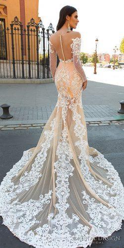 backless wedding dresses trumpet with sleeves full lace low back with train crystal design