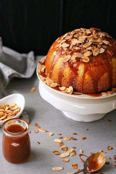Sponge pudding with caramel sauce and toasted almonds.