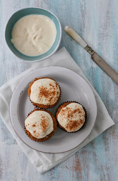 Date and carrot muffins with cream cheese topping. 