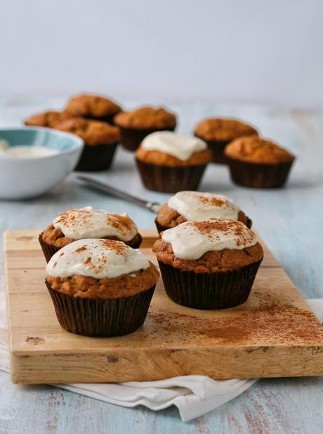 Refined sugar free date muffins with cream cheese topping. 