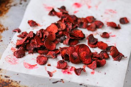 Beetroot crisps on a tray. 
