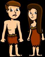 Adam and Eve after the fall. Sad, distraught faces and animal skin clothing for both of them.