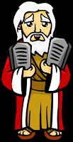 This is an illustration of Moses holding the two tablets containing the 10 Commandments. A colorful and friendly graphic.