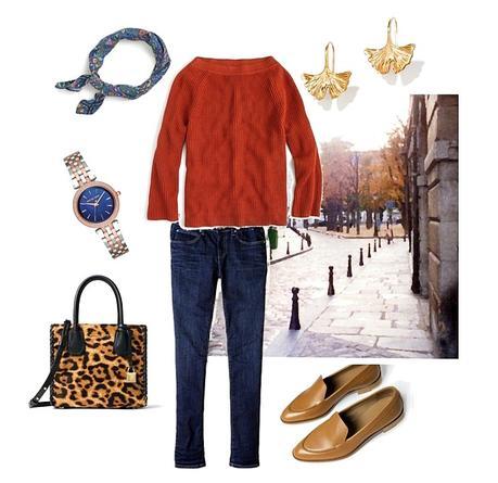A Little Pre-Fall Shopping Transitional season outfit with J.Crew cotton sweater, Aurelie Bidermann earrings and Michael Kors leopard bag. Details at une femme d'un certain age.