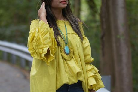 how to wear dress over jeans, fall fashion, baloon sleeves, skinny jeans, colorful pumps, blogger, style, street style, chartreuse dress .jpg