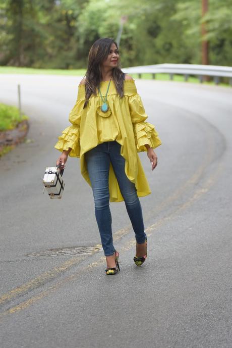 how to wear dress over jeans, fall fashion, baloon sleeves, skinny jeans, colorful pumps, blogger, style, street style, chartreuse dress .jpg