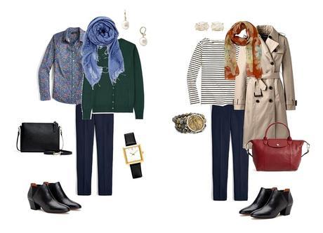 Outfits created from fall travel wardrobe capsule. Details at une femme d'un certain age.