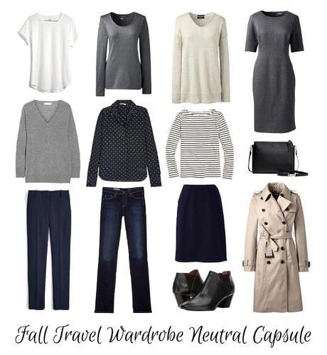 Fall travel wardrobe capsule in navy, gray and beige. Details at une femme d'un certain age.