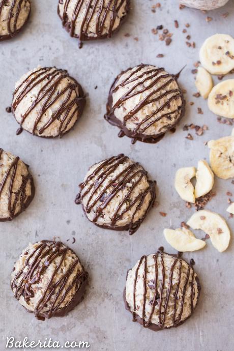 These No-Bake Chocolate Dipped Banana Macaroons are a quick and easy treat bursting with banana flavor! These gluten-free, paleo, vegan, and nut-free macaroons are hard to resist, especially once they're dipped and drizzled with dark chocolate.