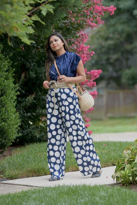 how to wear velvet, fall trend, polka dot wide leg pants, street style, outfit of the day, fashion blogge, indian fashion, straw bag, stripe blue mules, loafers, saumya shiohare 