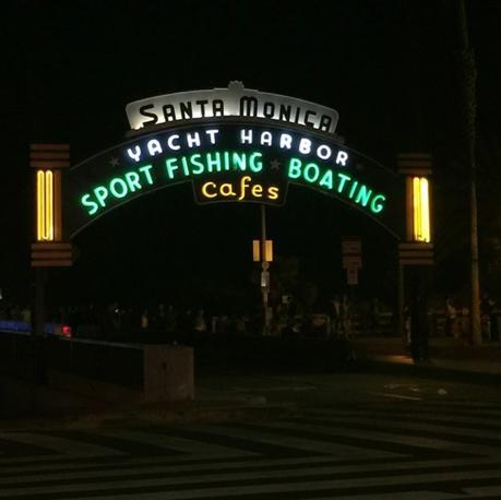 Santa Monica pier entrance at night. 