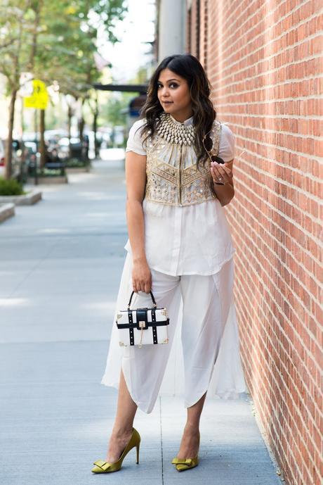 fusion wear, indian blogger, nyfw, sonar kapoor inspired, dhoti outfit, mirror vest, hi low hem, style , street style, myriad musings