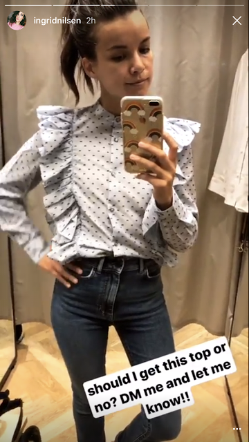 Ingrid Nilsen shopping for a ruffle top wants to know our choice.
