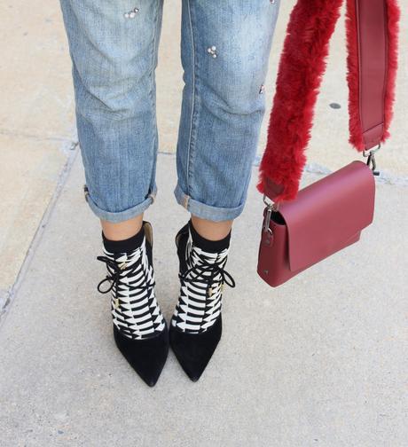 how to wear socks with sandals, high heels, fall fashion, trumpet sleeve blazer, embellished jeans, zara blue jacket , street style, bloger, fashion, style, myriad musings