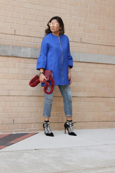 how to wear socks with sandals, high heels, fall fashion, trumpet sleeve blazer, embellished jeans, zara blue jacket , street style, bloger, fashion, style, myriad musings