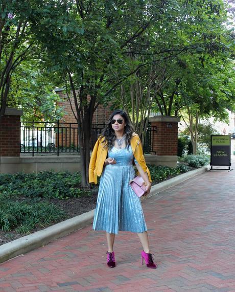 how to wear a silver statement jewelry, bauble bar targte necklace, bauble bar, fashion blogger, dc blogger, street style, eva mendes blue velvet dress, gucci bag, velvet pumps, fall style , myriad musings 