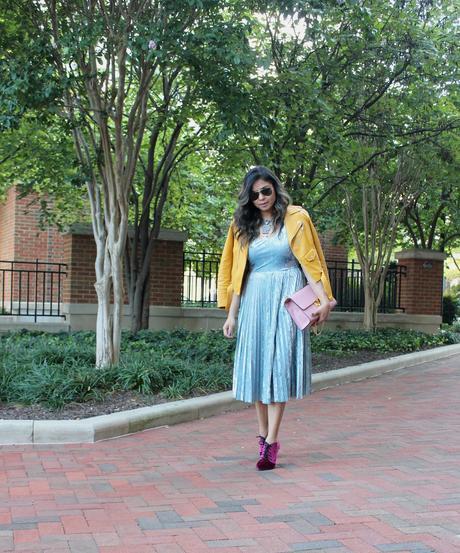 how to wear a silver statement jewelry, bauble bar targte necklace, bauble bar, fashion blogger, dc blogger, street style, eva mendes blue velvet dress, gucci bag, velvet pumps, fall style , myriad musings 