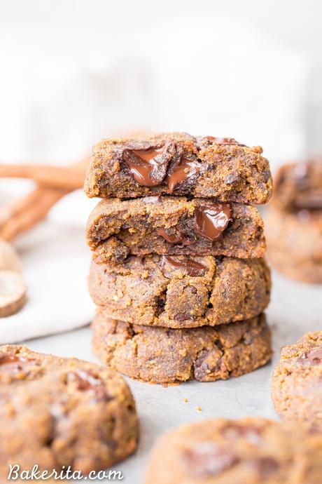 These Soft Chocolate Chip Pumpkin Cookies are a cakey and delicious spiced cookie that’s loaded with chocolate! If you like softer cookies, you’ll adore these gluten-free, paleo + vegan pumpkin cookies.