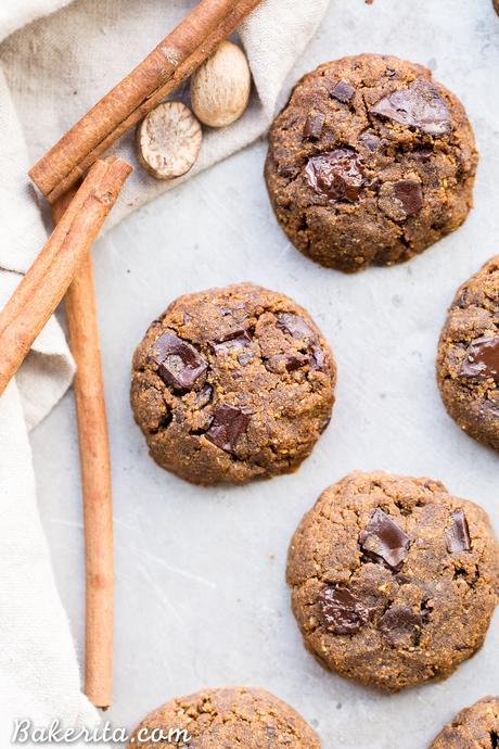 These Soft Chocolate Chip Pumpkin Cookies are a cakey and delicious spiced cookie that’s loaded with chocolate! If you like softer cookies, you’ll adore these gluten-free, paleo + vegan pumpkin cookies.
