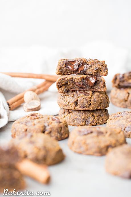 These Soft Chocolate Chip Pumpkin Cookies are a cakey and delicious spiced cookie that’s loaded with chocolate! If you like softer cookies, you’ll adore these gluten-free, paleo + vegan pumpkin cookies.