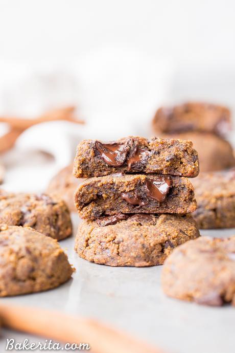 These Soft Chocolate Chip Pumpkin Cookies are a cakey and delicious spiced cookie that’s loaded with chocolate! If you like softer cookies, you’ll adore these gluten-free, paleo + vegan pumpkin cookies.