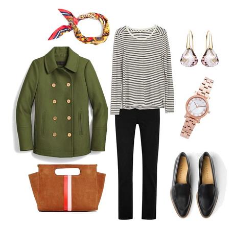 Casual outfit with olive peacoat, striped top and black loafers. Details at une femme d'un certain age.