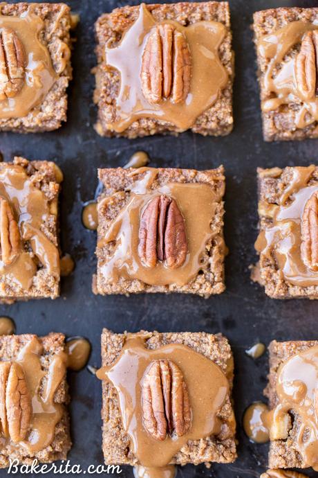 These Apple Blondies are full of warm spices and topped with an absolutely scrumptious (and SUPER easy) caramel glaze. These chewy, soft apple blondies are gluten-free, paleo and vegan.