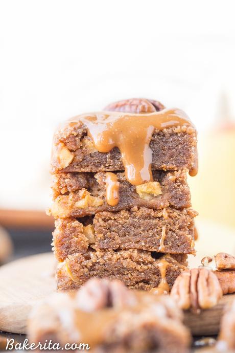 These Apple Blondies are full of warm spices and topped with an absolutely scrumptious (and SUPER easy) caramel glaze. These chewy, soft apple blondies are gluten-free, paleo and vegan.