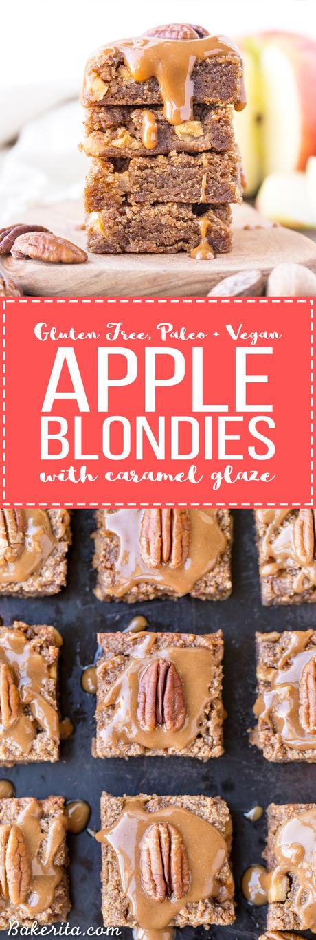 These Apple Blondies are full of warm spices and topped with an absolutely scrumptious (and SUPER easy) caramel glaze. These chewy, soft apple blondies are gluten-free, paleo and vegan.