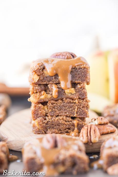 These Apple Blondies are full of warm spices and topped with an absolutely scrumptious (and SUPER easy) caramel glaze. These chewy, soft apple blondies are gluten-free, paleo and vegan.