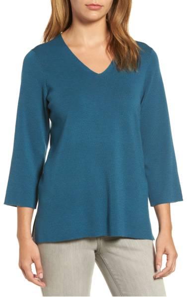 Merino v-neck sweater in Nile blue from Eileen Fisher. Details at une femme d'un certain age.