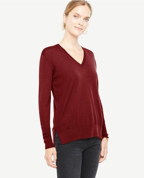 burgundy wool v-neck sweater from Ann Taylor. Details at une femme d'un certain age.